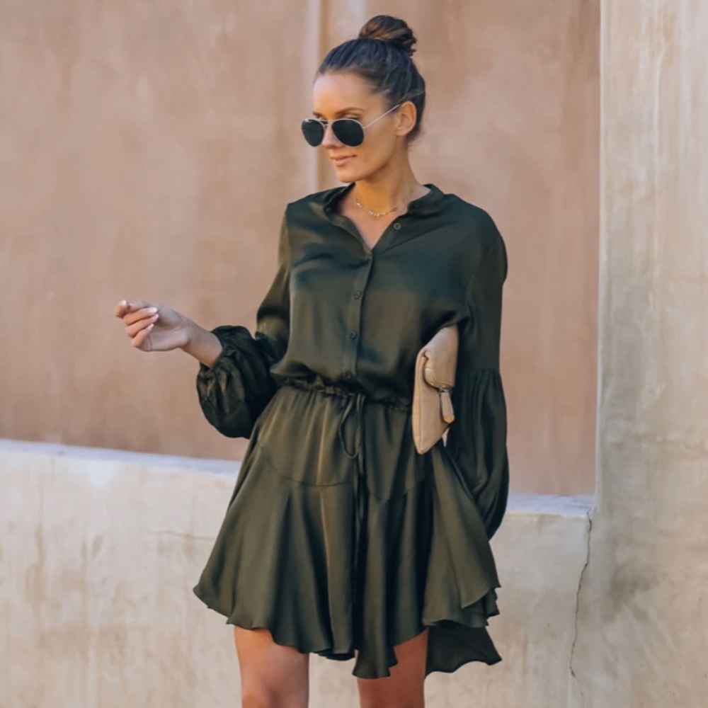 Bubbly Satin Adjustable Balloon Sleeve Dress